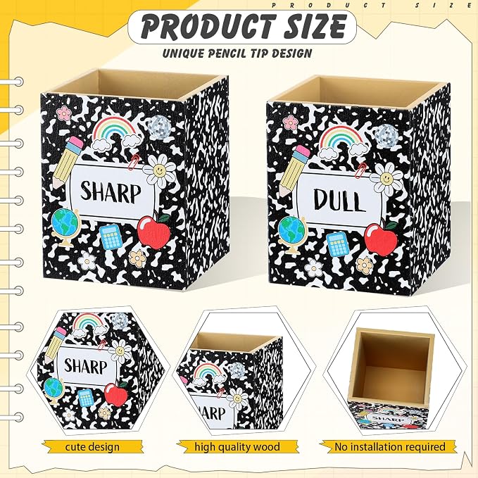 DoubleFill 2 Pcs Notebook Shaped Holder Sharp Dull Holder Wooden Dispenser Pencil Storage with Classic Composition Notebook Design for Back to School Teachers Classroom Organization Accessories