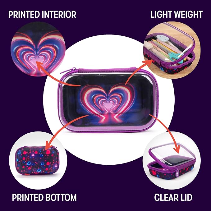 ZIPIT Clear Top Pencil Case for Kids, Durable Pencil Box for School, Large Capacity Stationery Organizer Box, Heart