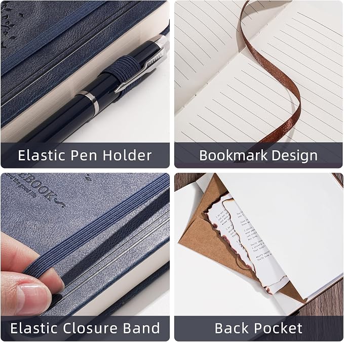 Lined Notebook with Gift Box for Women Men 320 Pages A5 Hardcover Leather with Pen Holder College Ruled Journals for Work Note Taking Travel School Navy Blue