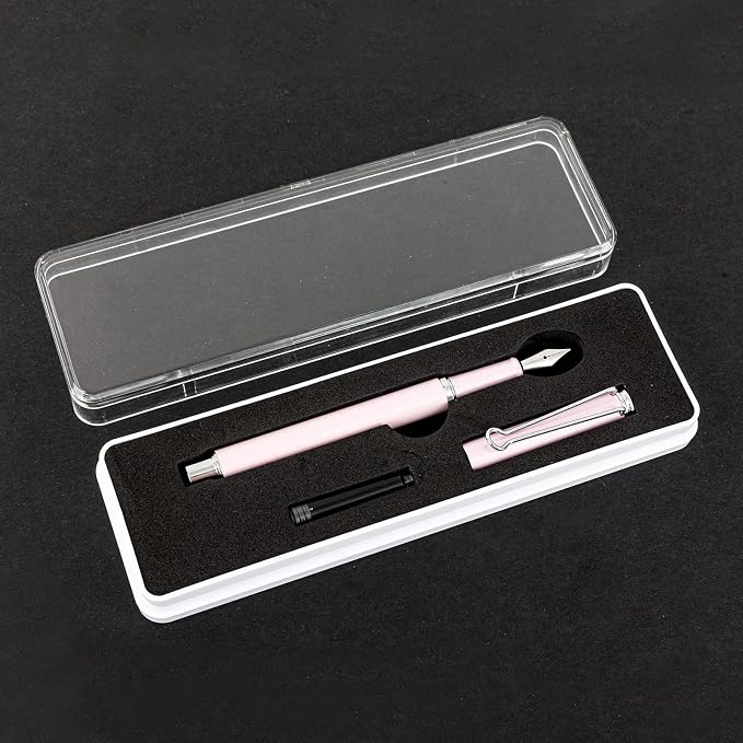 AIHAO Refillable Fountain Pen, Fine Point, Metal Fountain Pen with Gift Box, Black Ink, 2 Ink Cartridges in one Set, Pearl Pink