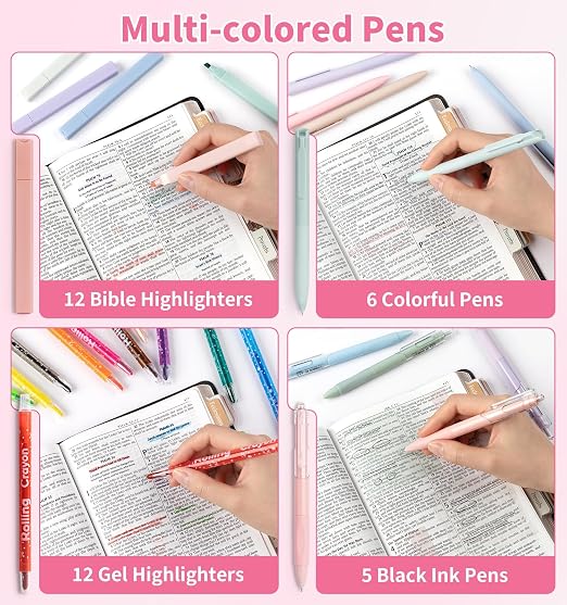 59Pcs Bible Study Supplies, Bible Journaling Kit for Women, Pink Pencil Case, 12 Pastel No Bleed Highlighters and 6 Colored Pens, Bible Tabs and More, Book Annotation Kit for Women & Men (Pink)