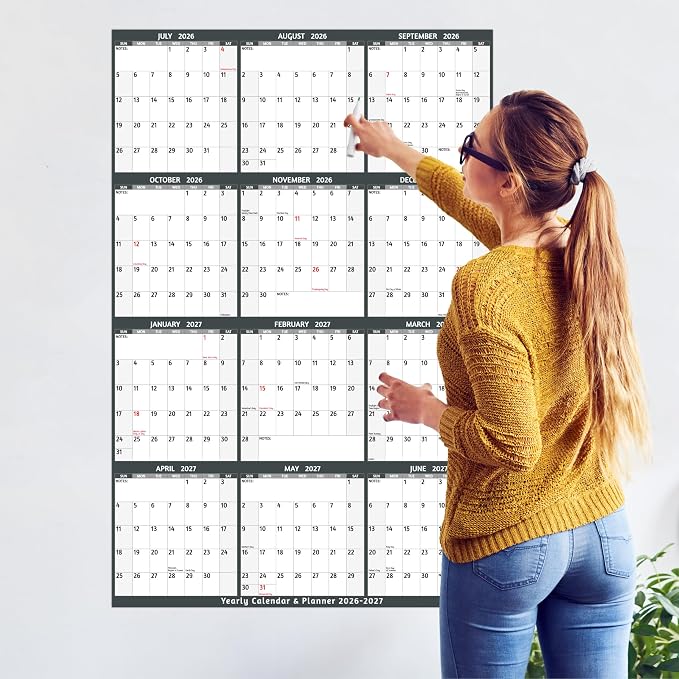 Yearly Wall Calendar 2026-2027 - Large Yearly Calendar Vertical, Jul 2026 - Jun 2027, 25.2" x 38.2" (Open), 2026-2027 Calendar, Large Wall Calendar, Full Year Paper Calendar with Notes, Thicker Paper