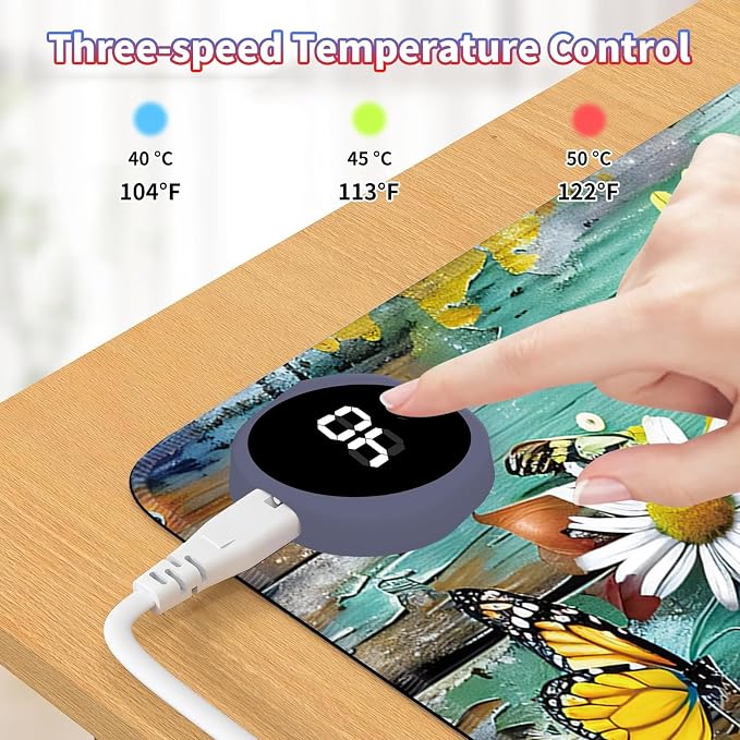 Heated Desk Pad Large Mouse Pad 31.5 x 13 inch with 3 Levels Heating & Auto Shut-Off Warm Mouse pad PU Leather Computer Mousepad for Home Office Work - Flower Butterflies