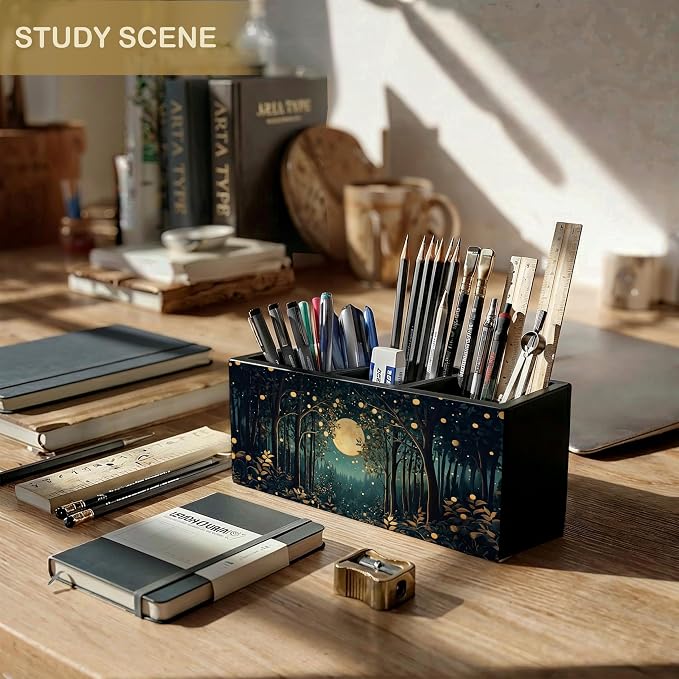Rustic Night Moon Forest William Morris Inspired Wooden Pencil Pen Holder for Desk Organizers and Accessories, Vintage Nature Botanical Makeup Brush Holder Organizer for Bathroom Vanity