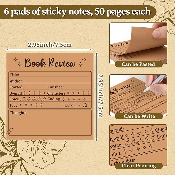 L1rabe Book Review Mini Sticky Notes - 6PCS Kraft Paper Self-Stick Notepads | Back to School Book Rating Stickers for Students, 300 Sheets Reading Tracker Log Stickers, Readers Lovers Bookworm Supplies