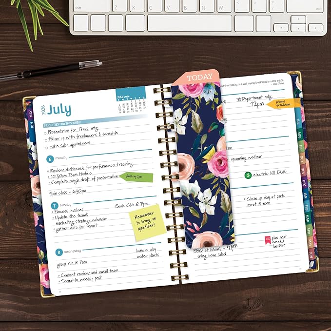 HARDCOVER Academic Year 2026-2027 Planner: 14 Months (May 2026 Through June 2027) 5.5"x 8" Daily Weekly Monthly Planner Yearly Agenda. Bookmark, Pocket Folder and Sticky Note Set (Small Navy Floral)