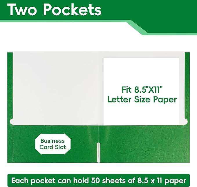 VZCPYTPM 50 Pack Green Folders with Pockets,2 Pocket File Folders for Letter Size (8.5 x 11 Inch),Professional Design with Business Card Slot for Office and School Organization