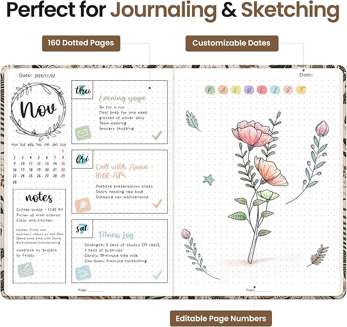 Dotted Journal Notebook for Women & Men, Hardcover Leather Journal for Writing, A5 Dotted Journaling Notebook for Work & Sketching, Perfect for Office School Home Supplies, 160 Pages, Magical Forest
