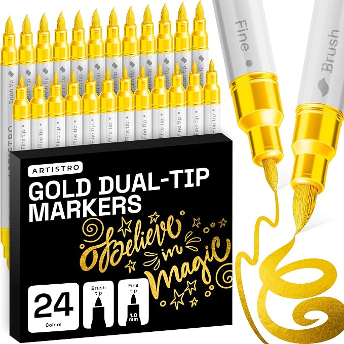 ARTISTRO 24 Gold Acrylic Paint Markers - Paint Pens for Drawing - For Fabric, Rock, Glass, Wood, Molds - Arts & Crafts Gift for Adults, Teens, Kids, Classroom Must Haves & School Supplies