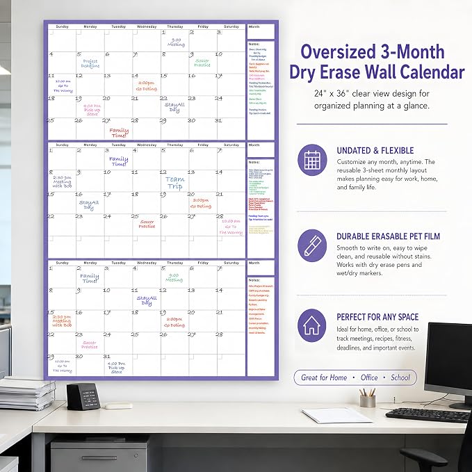 Dry Erase Calendar for Wall 24x36in Undated 3 Month Celendar with 4 Markers | Purple Layout Reusable PET Erasable Surface, Large 3-Month View, Easy to Write and Wipe Clean