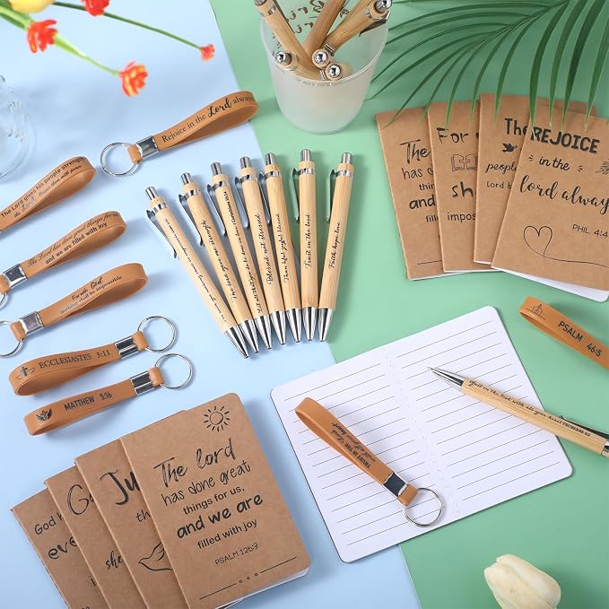 PerKoop 48 Pcs Christian Party Favors 3 x 5 Inch Religious Notepads Pens Bible Verse Keychains Bulk Jesus Loves You Gifts for Church Sunday School Office Supplies