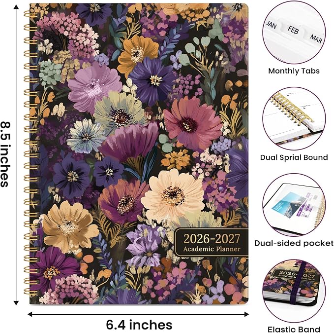 Academic Planner 2026-2027, Weekly and Monthly Calendar Book, July 2026 – June 2027, Hardcover Planner with Tabs, Perfect for Teachers, Students, Women & Men, A5 (6.4" x 8.5") - Midnight Bloom