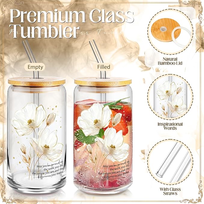 Funnymoom 6 Pcs Appreciation Gifts Set for Women Back to School Teacher Gifts Employee Thank You Gift with 17 oz Glass Tumbler Journal Pens and Pouch for Coworkers Educators,Floral,White
