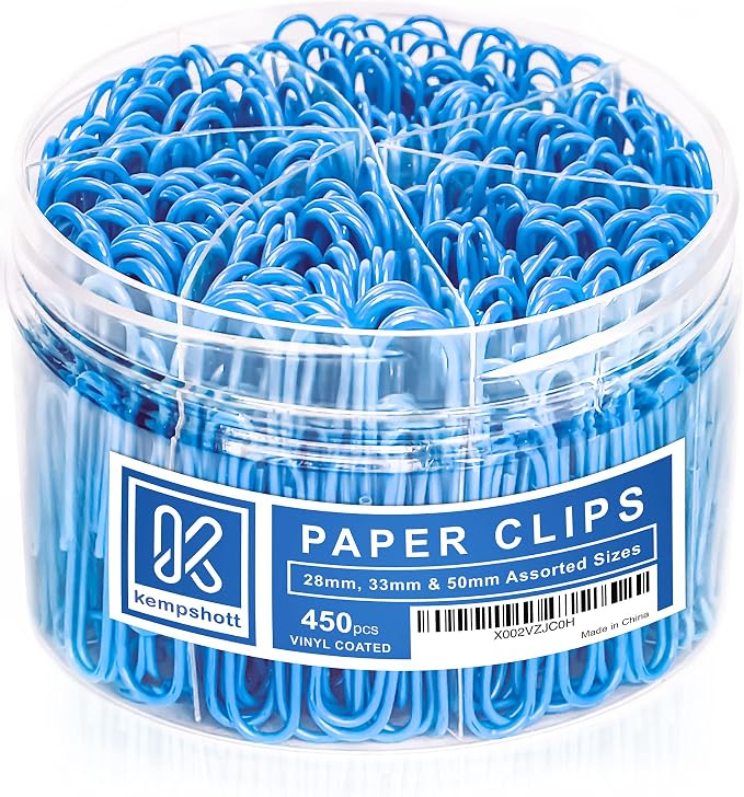 Kempshott 450 Blue Color Paper Clips Assorted Sizes Small, Medium and Large Paper Clips for Paperwork Ideal for Home, School and Office Use (Assorted, Blue)
