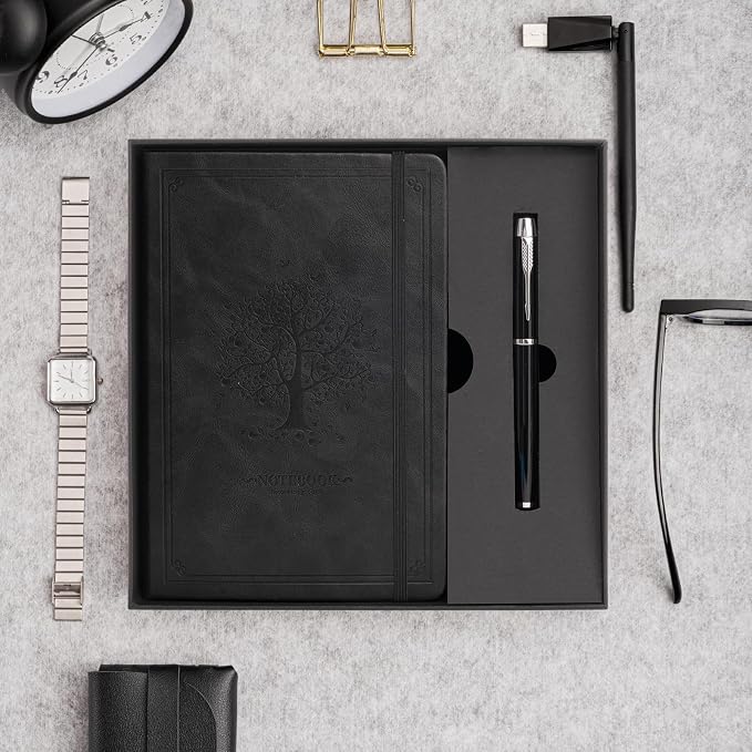 Lined Notebook with Gift Box for Women Men 320 Pages A5 Hardcover Leather with Pen Holder College Ruled Journals for Work Note Taking Travel School Black