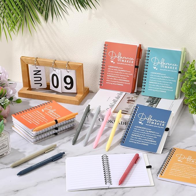 Resurhang 20 Sets Difference Maker Employee Appreciation Gift Bulk Inspirational A6 Spiral Notebook Journal Ballpoint Pens for Teacher Volunteer Coworker Team Back to School (Morandi Colors)