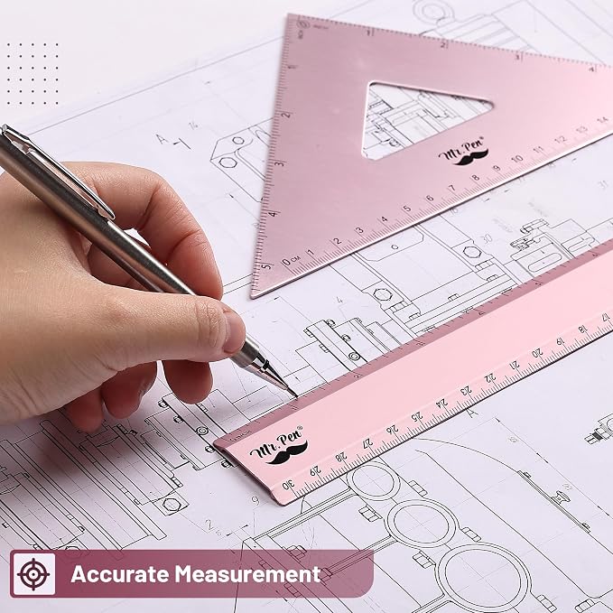 Mr. Pen- Metal Geometry Kit, 4 Pack, 45° & 30°/60° Set Squares | 6" Protractor & 12" Ruler, Durable Metal Drafting Tools for Technical Drawing, Math, Engineering & Architecture