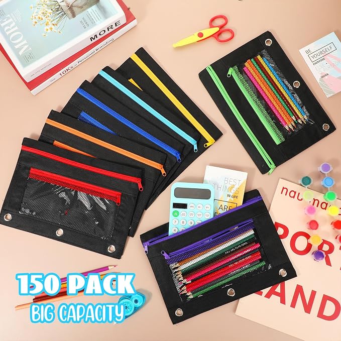 Zhehao 100 Pcs Zipper Binder Pencil Pouches:3 Ring Binder Pencil Pouches with Zipper Window Bulk Clear Pen Bags Case for Office School Classroom Supplies(Double Layer with Mesh Layer,Black)