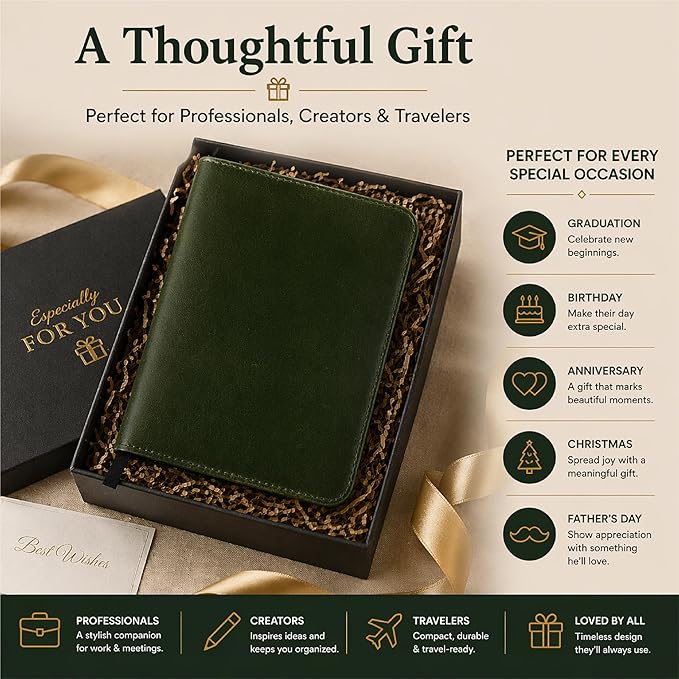 Green Leather Journal Cover XL – Handmade Refillable Notebook Holder with Pen Loop, B5 Writing Organizer for Office, Travel & Professional Use 7.5 x 9.5