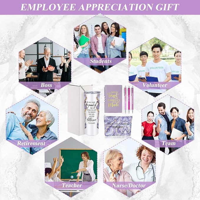 Domensi 6 Pcs Employee Appreciation Gift Set for Women Female Thank You Gift May You Be Proud 20 oz Rustic Marble Sign Tumbler Makeup Bag Journal for Boss Teacher Work Business(Purple)