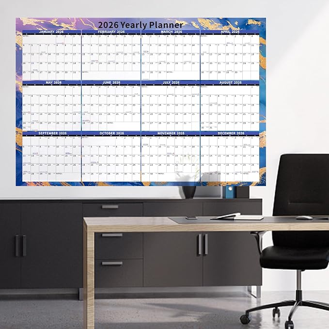 Ospelelf Large Dry Erase Wall Calendar 2026-2027 - 32'' x 48'' Yearly Laminated 2 Year Family Calendar for Office, Use Jan 2026 - Dec 2027 ((Marble)