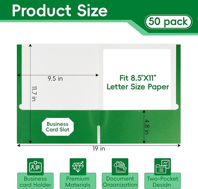 VZCPYTPM 50 Pack Green Folders with Pockets,2 Pocket File Folders for Letter Size (8.5 x 11 Inch),Professional Design with Business Card Slot for Office and School Organization