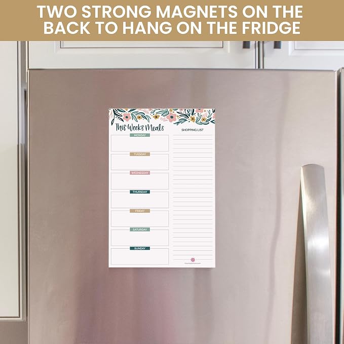 bloom daily planners Weekly Meal Planning Pad - Magnetic Hanging Refrigerator Menu Planner with Tear-Off Sheets & Perforated Grocery Shopping Lists - 6” x 9” (Garden Blooms)