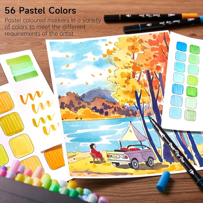 Shuttle Art Pastel Brush Pens, 56 Pastel Colouring Pens, Dual Tip Brush Markers with Fineliner Tip, Drawing Felt Tip Pens for Adults Colouring Books, Painting Sketching Calligraphy and Journaling