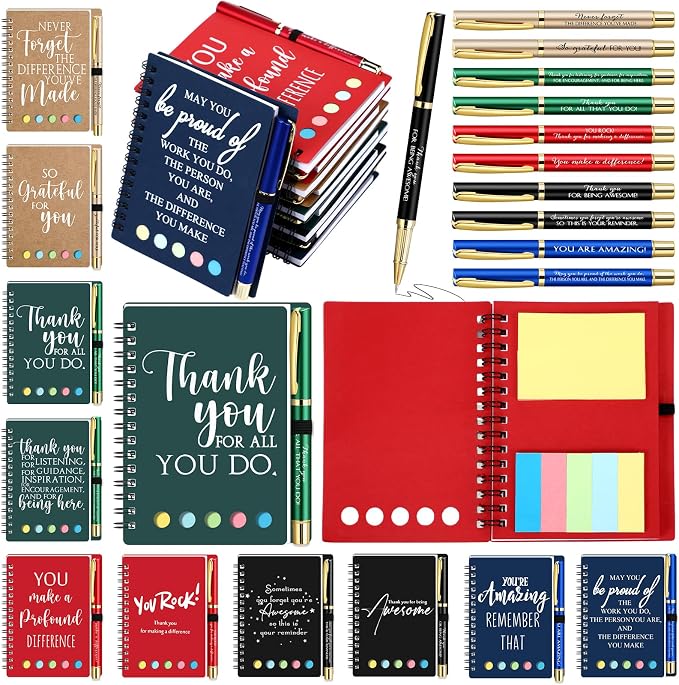 Chiisong 20 Sets Back to School Gifts Bulk Inspirational Spiral Notebook and Pen with Sticky Note Thank You Affirmation Gift for Teacher Nurse Coworker Employee Staff (Multicolor)