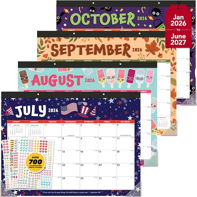 Decorably 18 Months Colorful Assorted Academic Desk Calendar 2026-2027 January 2026 to June 2027, 11x17in Easy Tear-Off Sheets with Inspirational Quotes & Stickers for Office, Home & School