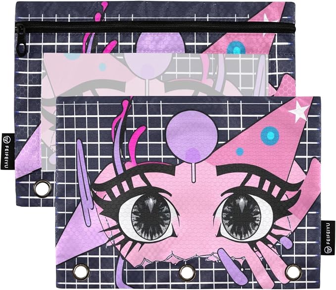 Cartoon Anime Eyes Pencil Pouch Fits standard 3-ring binders, Zipper Binder Pencil Bag with Clear Window for Office 2 Pack