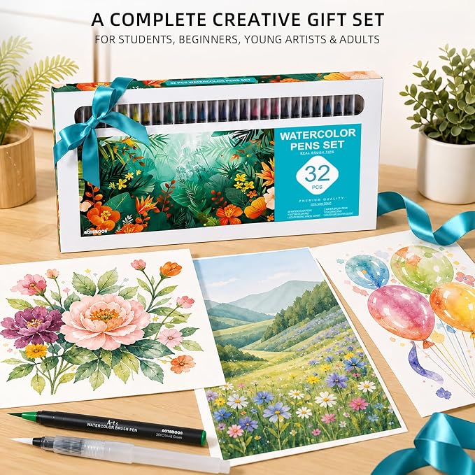 32 Watercolor Pens Set Includes 26 Vivid Colors, Real Brush Tips Paint Markers Set with 2 Blender Pens, Watercolor Pad and Coloring Pad, Art Supplies Gifts for Beginners Young Artists and Adults