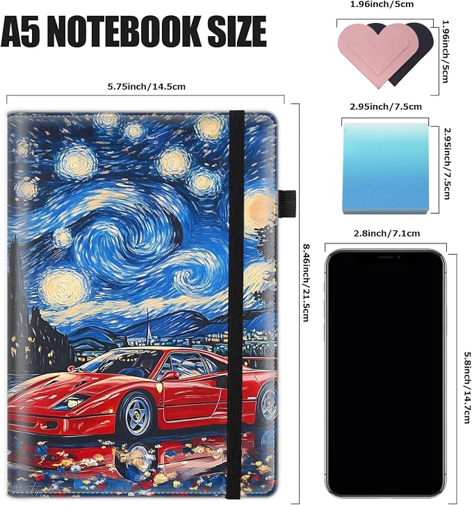 Hardcover Executive Notebooks, A5 PU Leather Lined Journal Notebook, 200 Pages Thick Paper Subject Notebooks for School,Work,Home Writing Business Notebook, Diary Book ，Starry Night Sports Car