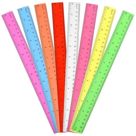 Unjoo Clear Plastic Ruler 12 Inch Straight Rulers, Assorted Colors (8 Pack) | Shatterproof Ruler with Inches and Centimeters, Easy-to-Read Markings, Drafting Ruler for School Classroom, Home, or Office