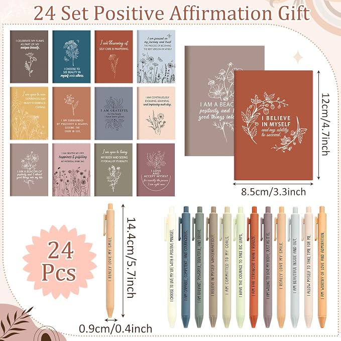 Mooliwe 48 Pcs Positive Affirmation Gift Set Gratitude Notebooks with Pens Small Bags Motivational Encouragement Notepads Daily Affirmations Journal for Women Stress Relief Self Care (Fresh)