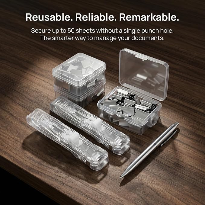 Yardwe 2 Pcs Portable Binder Clip Stapler with 200 Reusable Push Clips, Handheld Paper Clam for Office School