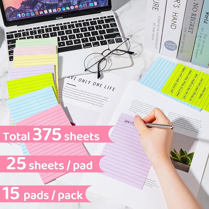 Lined Sticky Notes 4 x 6 Inches, 15 Pads, 375 Sheets, 7 Soft Pastel Colors, Self-Stick Note Pads, Large Rectangular Sticky Notes with Lines, Super Adhesive for Office, School, Home & Planner