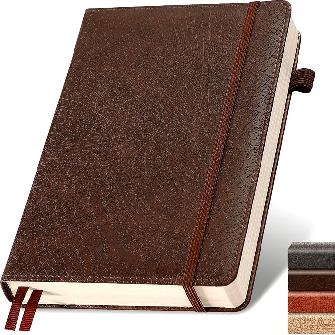 Lined Journal Notebook,256 Pages,A5 Size (5.7'' x 8.3''),Vintage Tree Growth Ring Leather Hardcover Journal,100 GSM Thick Paper,for Daily,Work,School,Note Taking(Brown)