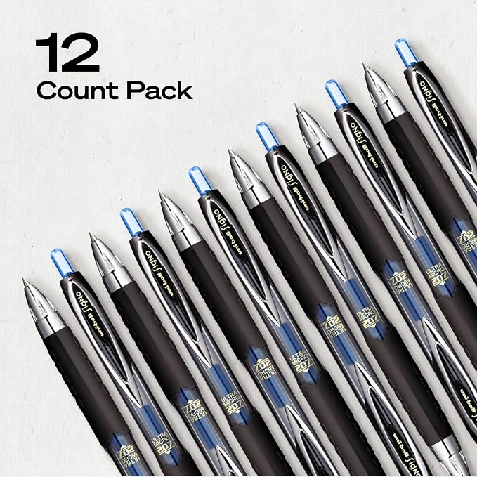 uniball™ 207 Gel Pens, Blue Ink, 0.38mm Ultra Micro Point, Retractable, 12 Count, Smooth Writing, Fraud-Resistant, uni Super Ink™