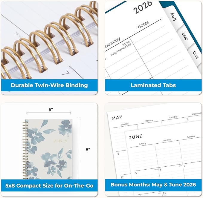 Blue Sky 2026-2027 Weekly & Monthly Academic Planner, 5"x8", Bakah Blue | July 2026 - June 2027, Flexible Cover, Wirebound, Laminated Tabs, Academic Year