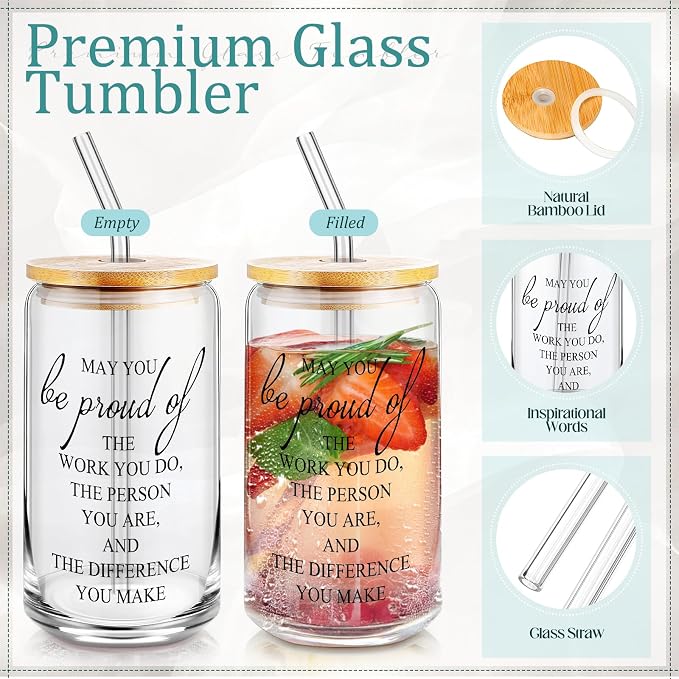 Funnymoom 6 Pcs Appreciation Gifts Set for Women Back to School Teacher Gifts Employee Thank You Gift with 17 oz Glass Tumbler Journal Pens and Pouch for Coworkers Educators,Marble,Green