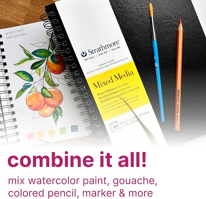 Strathmore 300 Series Mixed Media Paper Art Book, Black Hardcover & Side Wire Binding, 32 Sheets, White, 8.5x11 inch, 1 Count