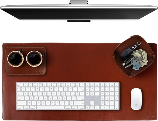 ELIZO Leather Desk Pad Real Leather Desk Mat Thick (3mm) Double Layer (32x16) Cover Blotter Desk Protector Large Computer Mat for Keyboard Mouse Pad Table Laptop Mat Office Accessories - Camel