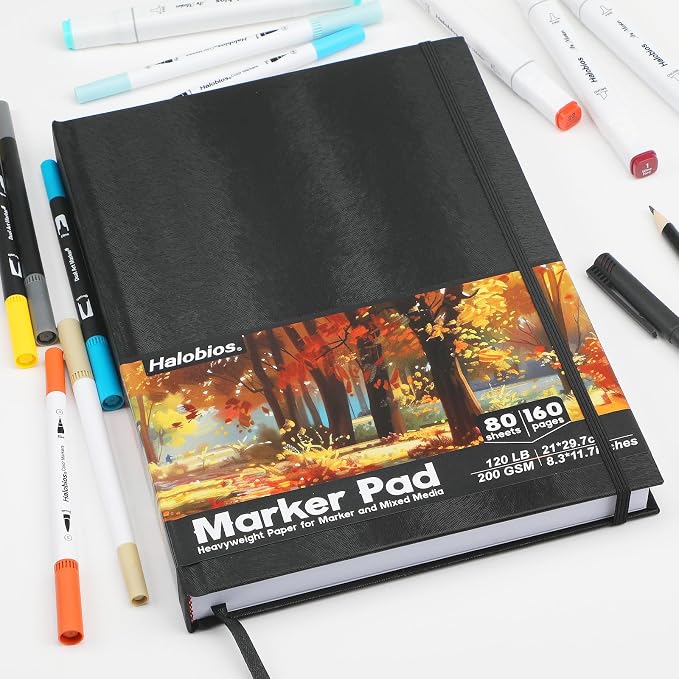 Halobios Square Sketchbook for Drawing, 120 lb/200 GSM A4 Mixed Media Sketchbook, 80 Sheets/160 Pages Portable Marker Drawing Paper Sketch Book for Alcohol Markers, Artists, Beginners（8.3”x11.7”）