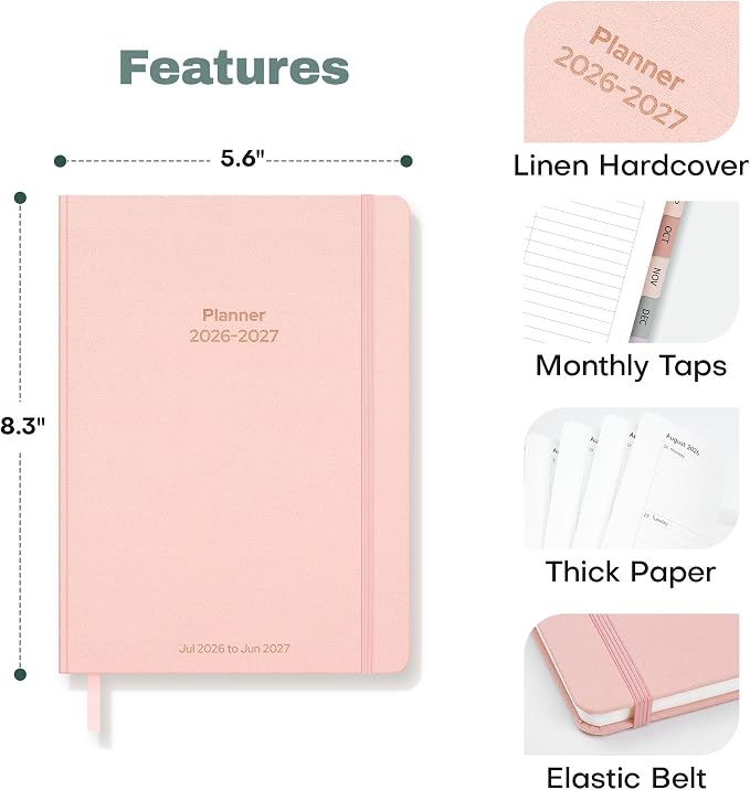 Planner 2026-2027 Monthly and Weekly Academic Planner July 2026 - June 2027, Linen Hardcover Agenda 2026-2027 Calendar Daily Planner for Student Teacher with Monthly Tabs, 6" x 8.3", Light Pink