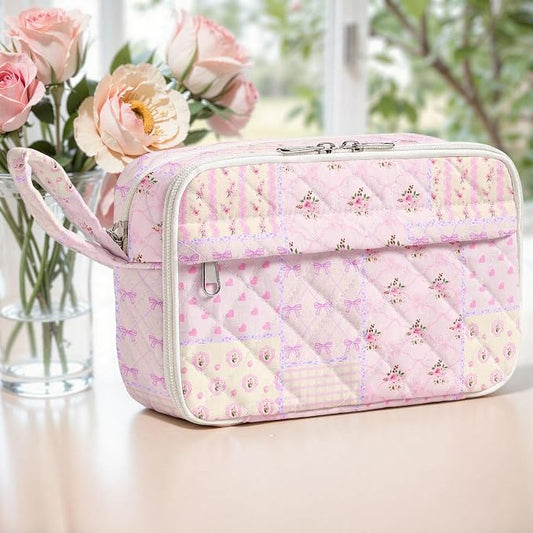WOBAGMEN Quilted Pencil Pouch for Girls Women, Large Pencil Case Pouch with Compartments Cute Aesthetic Pencil Case Organizer, Floral Pencil Bag for School Supplies (pink pin)