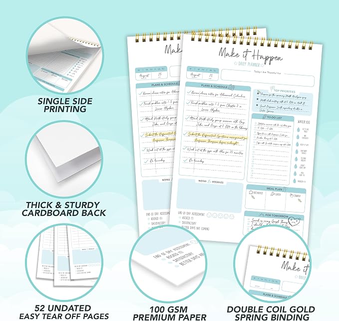 Decorably 52 Sheets Blue Undated Make It Happen Notepad - 6.5x10in Spring-Bound Daily Planner Tear Off for Schedule, Priorities, Agenda, Water Intake, Meals, Notes and Doodles - Home, Office