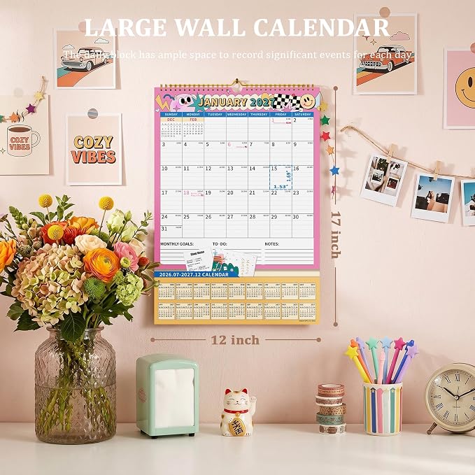 Ospelelf Wall Calendar 2026-2027 with Storage Pockets, 17" X 12" Monthly Large Planner Pad with Protective Cover and Stickers, for Family Fridge Office Teacher School, Use July 2026 to December 2027 Cartoon