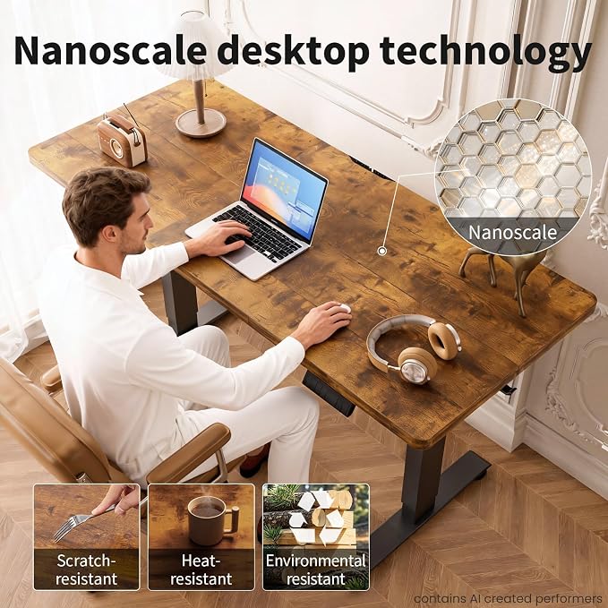 Veken 55 Inch Large Electric Standing Desk, Gaming Table, Brown | Height Adjustable Sit Stand Up Computer Tables for Home Office, Study , Writing, Suit students, employees and group work
