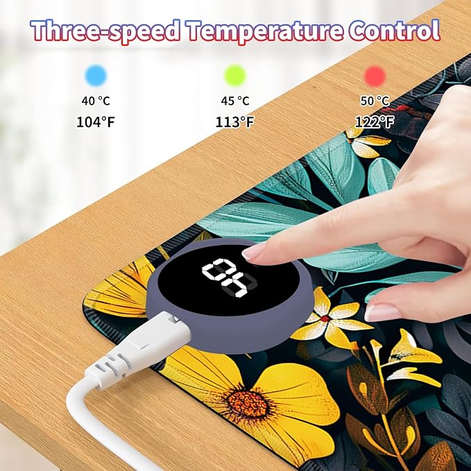 Heated Desk Pad Large Mouse Pad 31.5 x 13 inch with 3 Levels Heating & Auto Shut-Off Warm Mouse pad PU Leather Computer Mousepad for Home Office Work - Colorful Flowers and Leaf